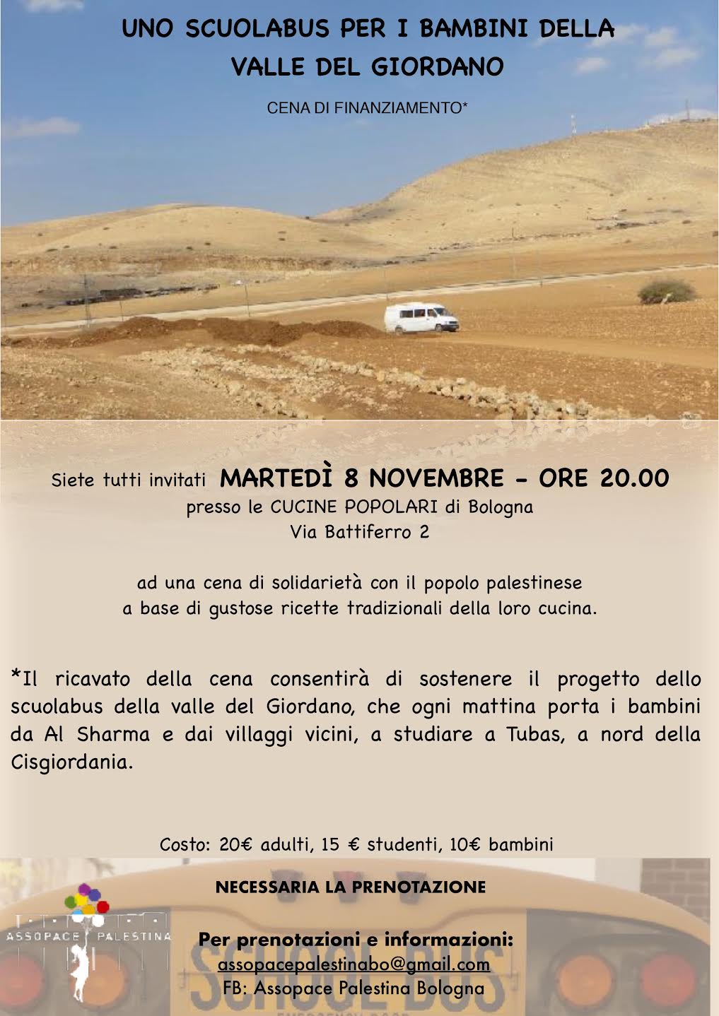 Bologna 8 novembre: Cena di solidarietà per uno scuolabus.