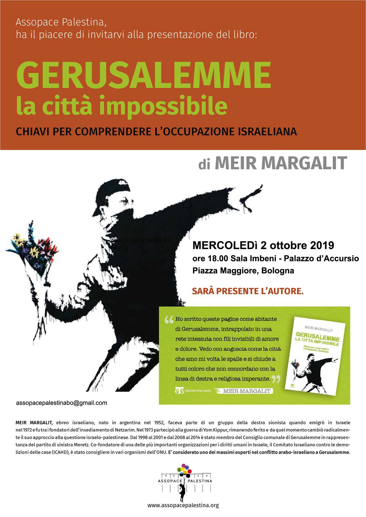 Bologna, 2 ottobre: Meir Margalit presenta il suo libro su Gerusalemme.