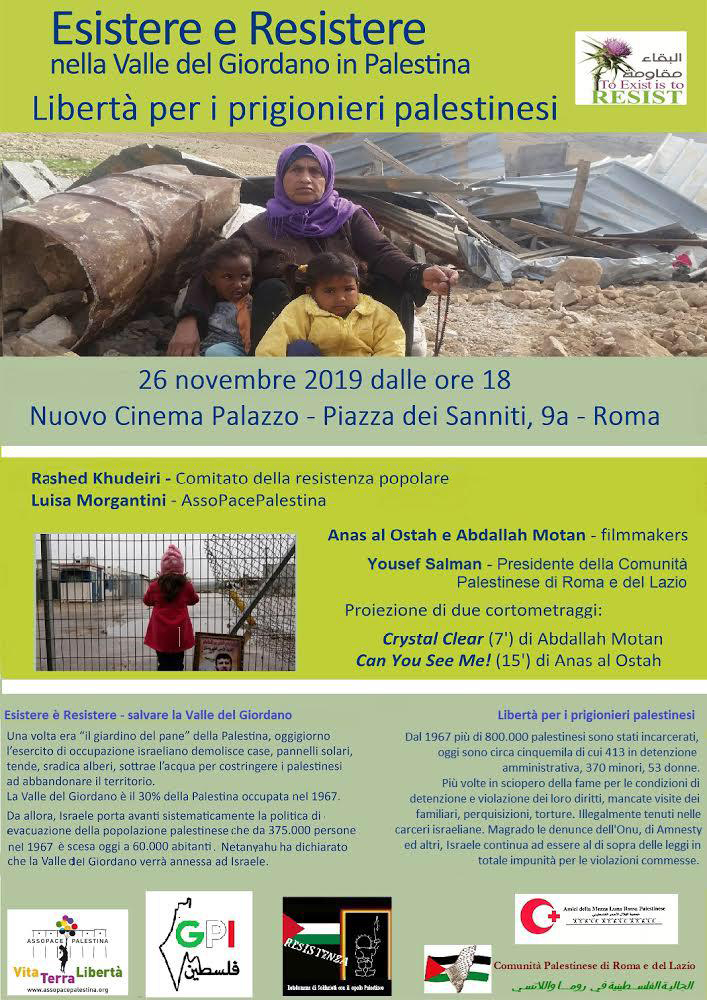 Roma 26 novembre: Esistere e Resistere nella Valle del Giordano in Palestina