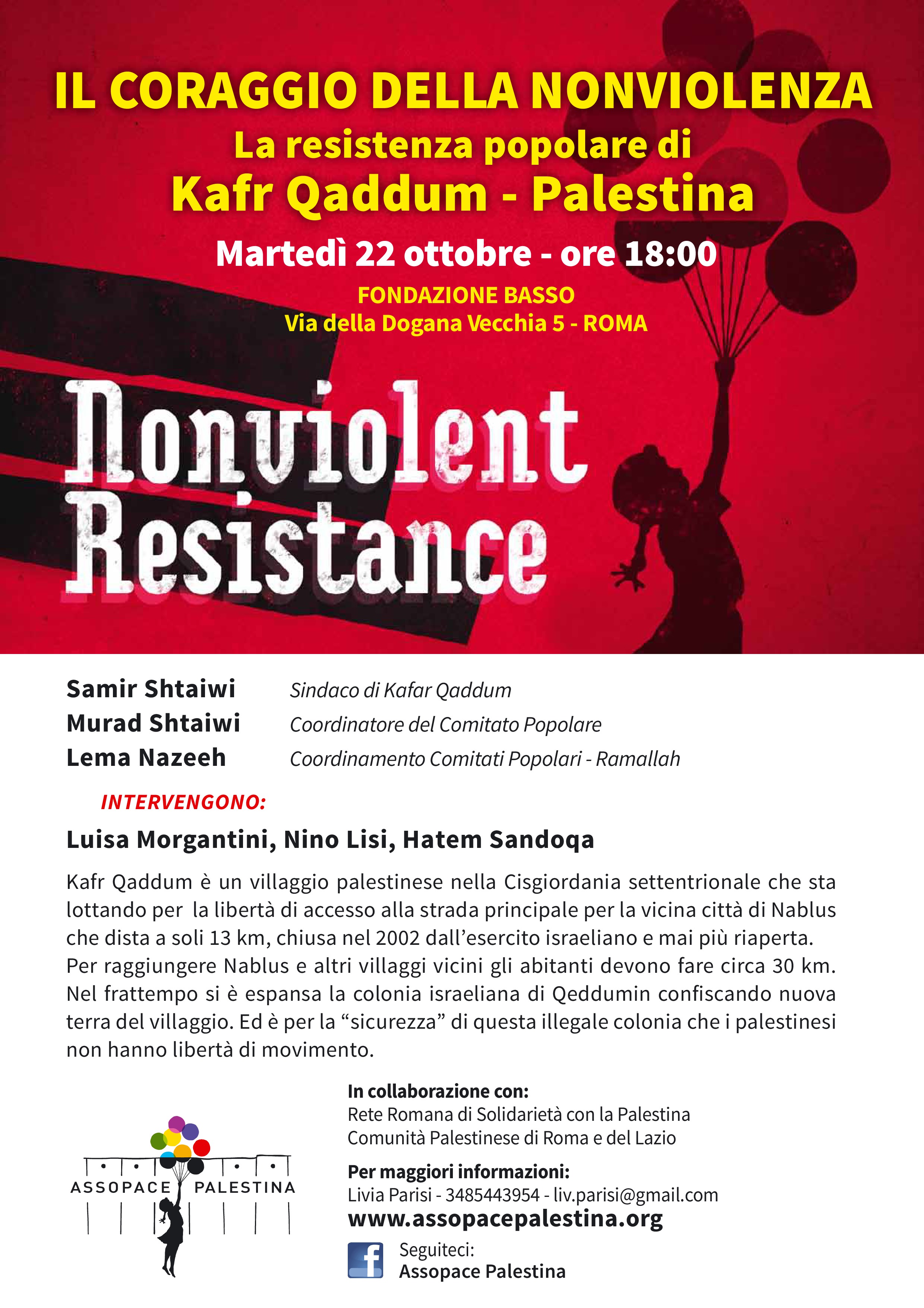 Roma 22 ottobre: La resistenza non violenta del villaggio di Kafar Qaddum