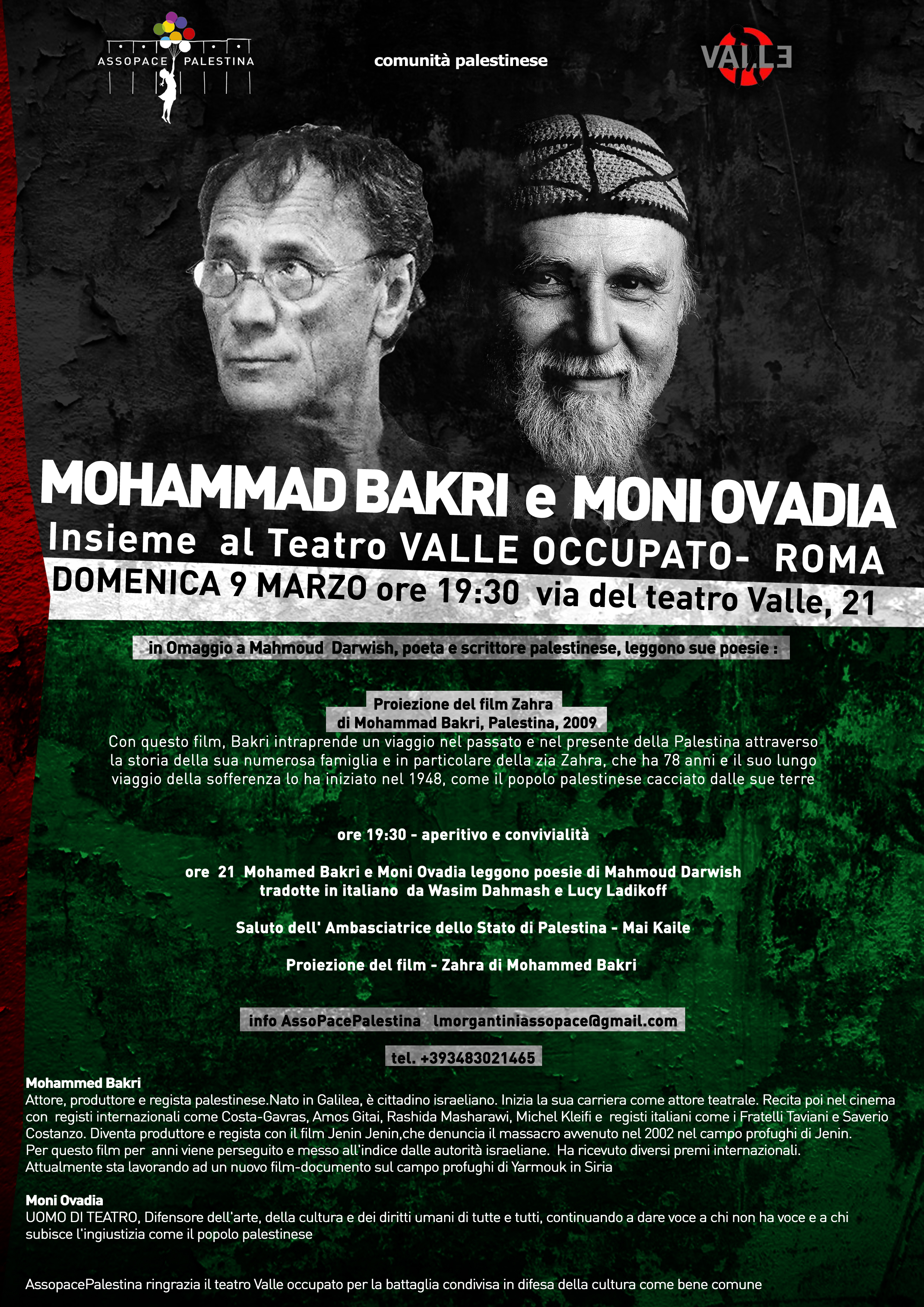 Roma 9 Marzo Omaggio a Darwish con Mohammad Bakri e Moni Ovadia