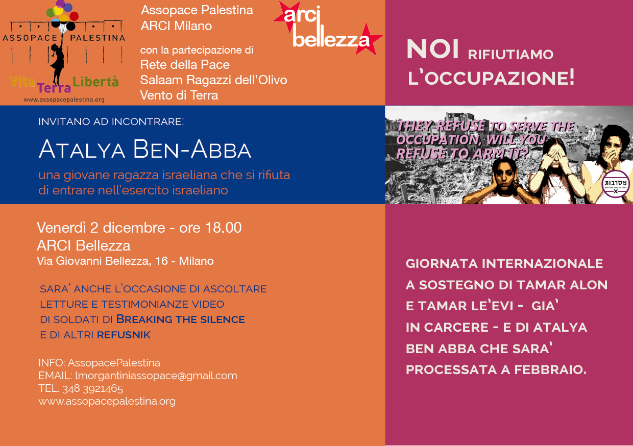 Milano: 2 dicembre Giornata internazionale di solidarietà con le israeliane che rifiutano l’occupazione della Palestina
