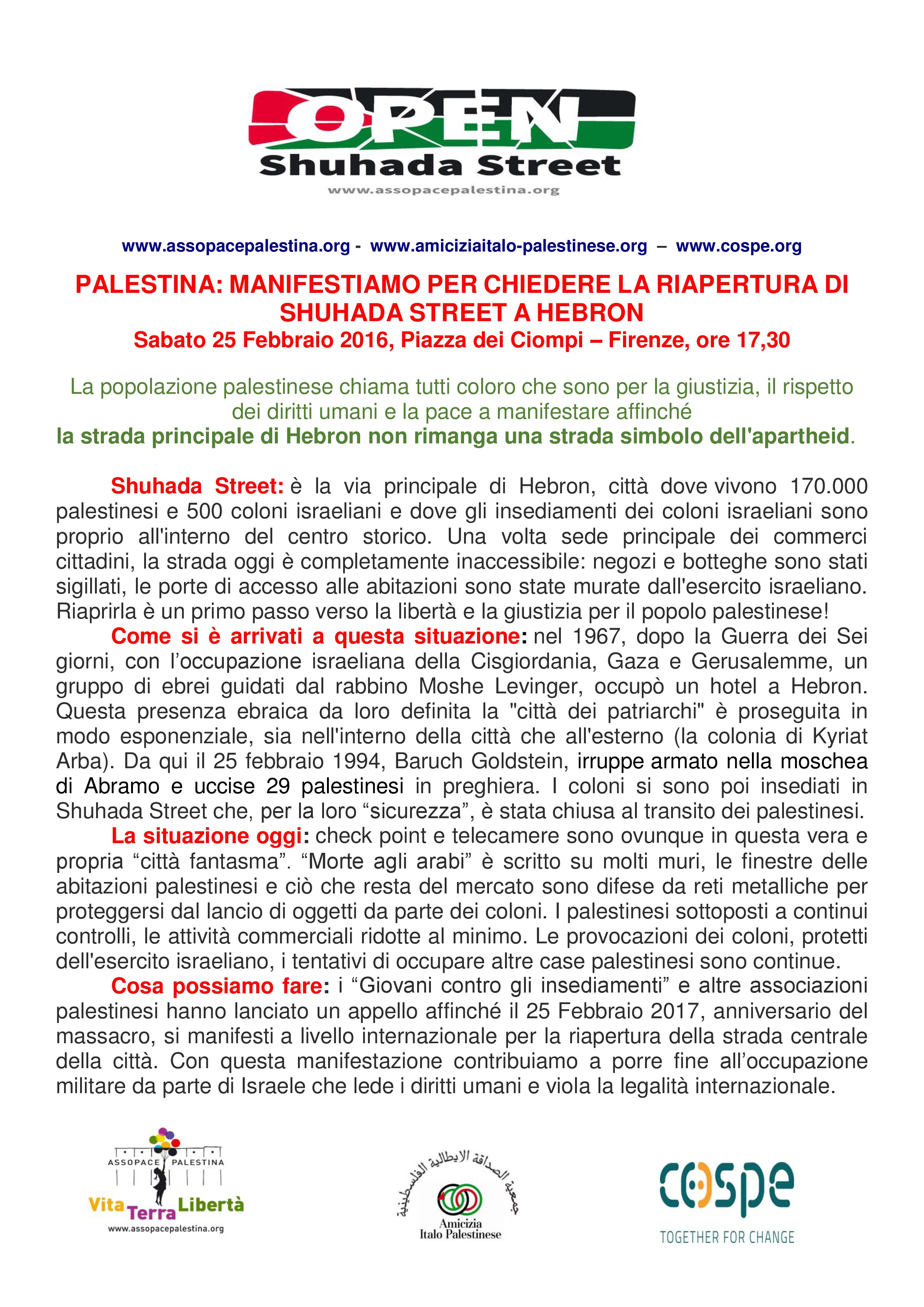 Firenze: 25 febbraio Manifestazione per riaprire Shuhada street a Hebron