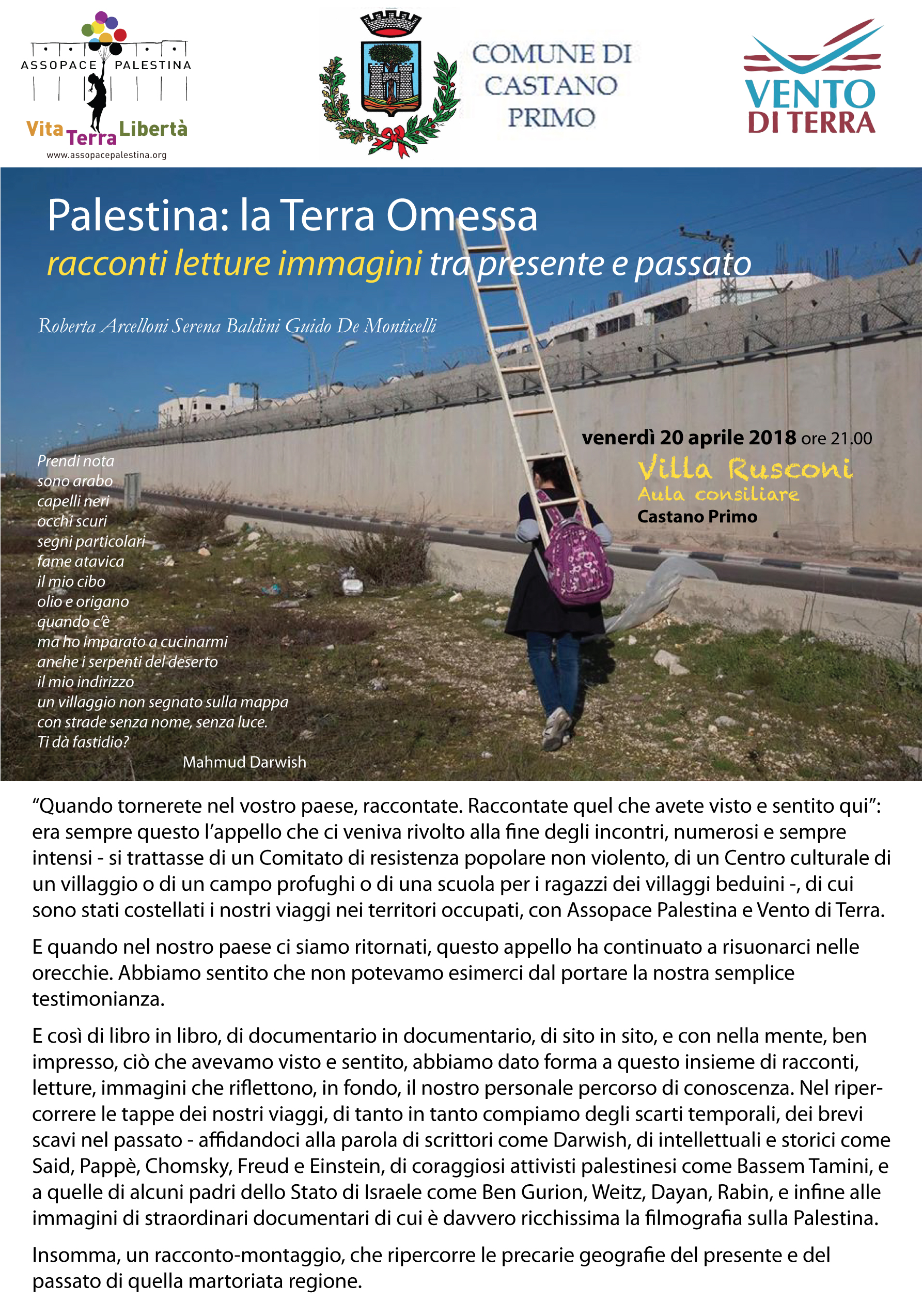 Castano Primo (MI), 20 aprile: racconti, letture, immagini dalla Palestina.