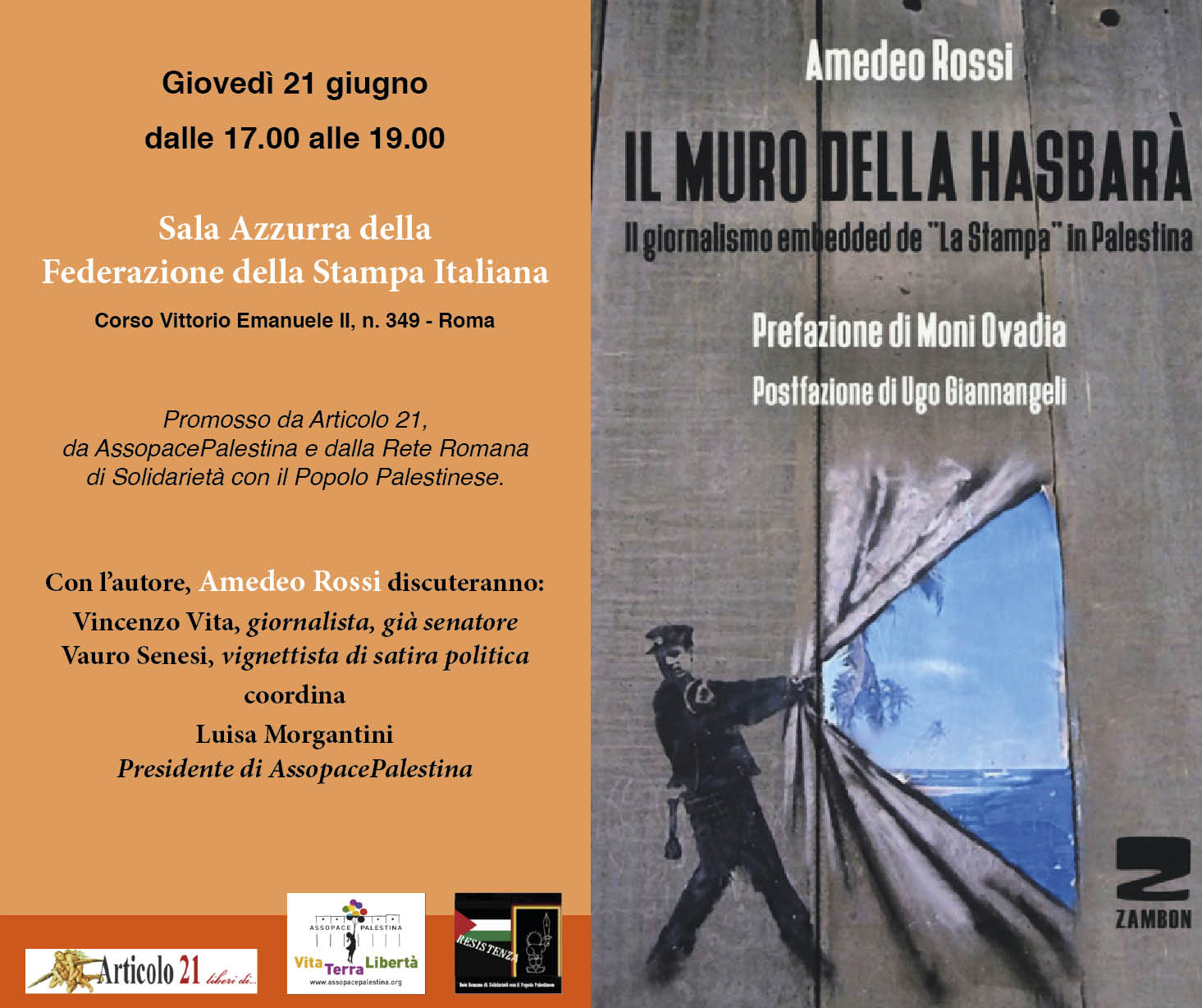 Roma 21 giugno: presentazione del libro “Il muro della hasbarà” di Amedeo Rossi.