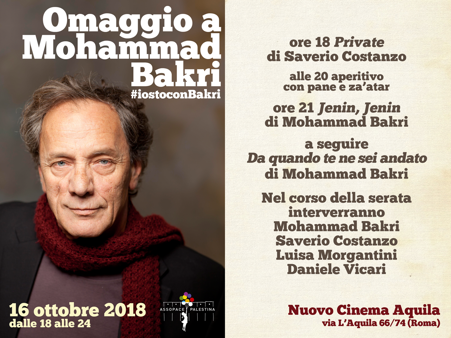 Roma, 16 ottobre: Omaggio a Mohammad Bakri.