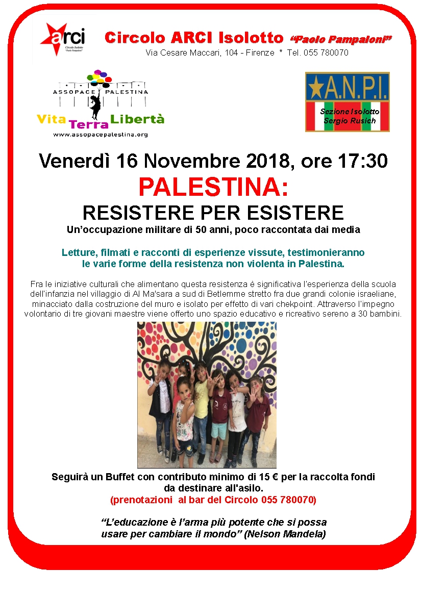 Firenze 16 Novembre: Palestina: Resistere per esistere. Un’occupazione militare di 50 anni, poco raccontata dai media