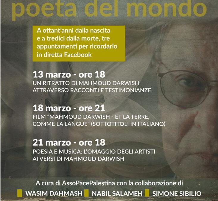 13, 18 e 21 marzo: tre eventi online per Mahmoud Darwish, Poeta del mondo