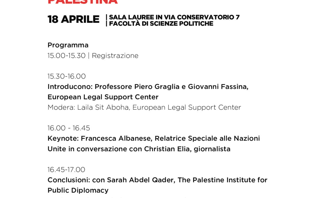 SAVE THE DATE: 18 Aprile 2023 ore 15:00 conferenza alla presenza della UN Special Reporteur Francesca Albanese. @Scienze Politiche, Via Conservatorio, 7, Milano